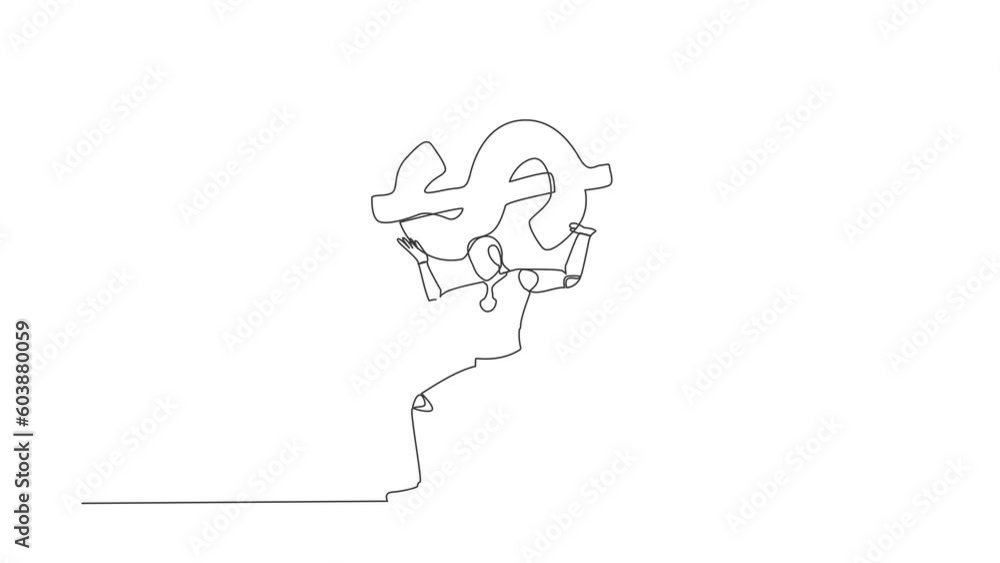 Poster animated self drawing of continuous line draw tired robot carrying dollar symbol on his back. overwo