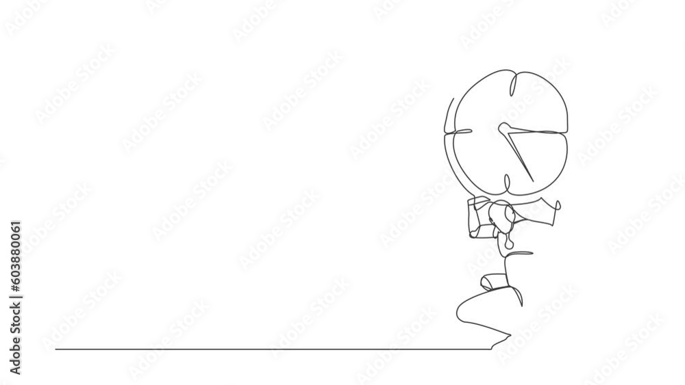 Poster self drawing animation of single line draw tired robot carrying alarm clock on his back. work pressu