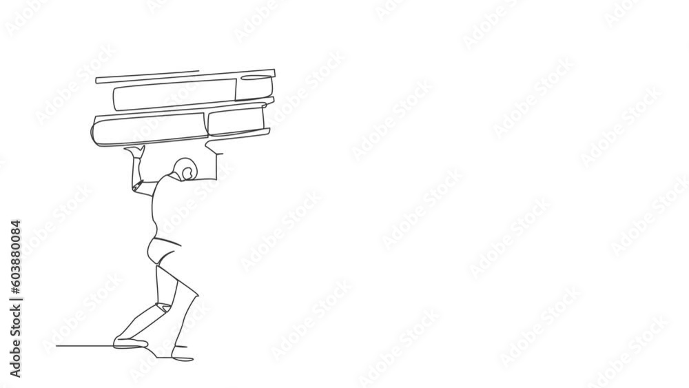 Poster animated self drawing of continuous line draw tired robot carrying pile paper folder on back. cyborg