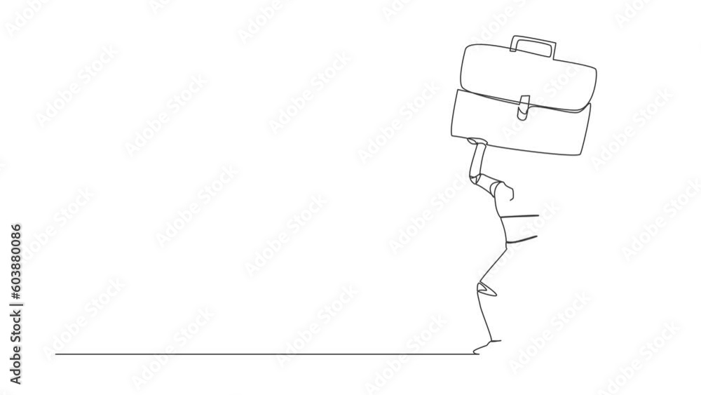 Poster self drawing animation of single one line draw of tired robot carrying briefcase on back. pressure f