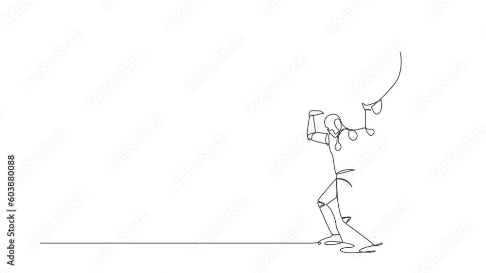 Poster animated self drawing of continuous line draw tired robot carrying piggy bank on his back. broke and
