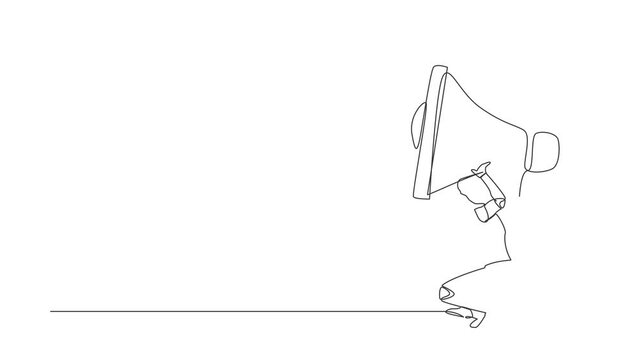 Self drawing animation of single line draw tired robot carrying megaphone on back. Conflict trouble in factory communication. Humanoid robot cybernetic organism. Continuous line. Full length animated
