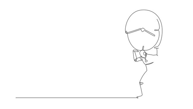 Self drawing animation of single line draw tired robot carrying clock on back. Robot work within deadline, under pressure. Robotic artificial intelligence. Continuous line draw. Full length animated