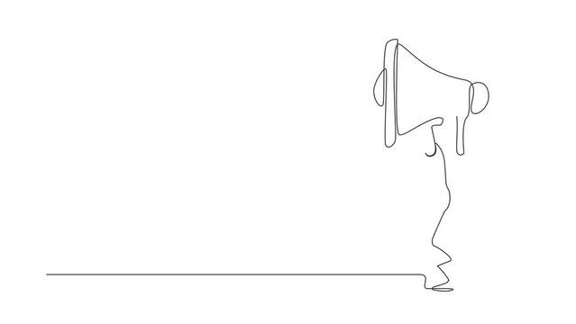 Animated self drawing of continuous line draw Arabian businesswoman carrying megaphone on her back. Conflict and trouble in communication. Bullying, harassment at work. Full length one line animation