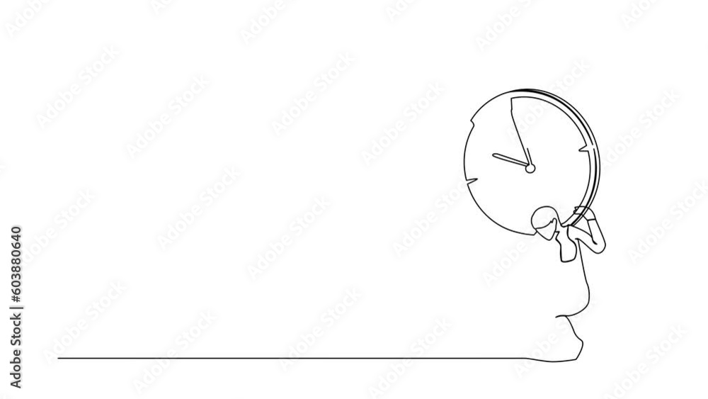 Poster self drawing animation of single line draw businesswoman carrying clock on back. stressed complete w