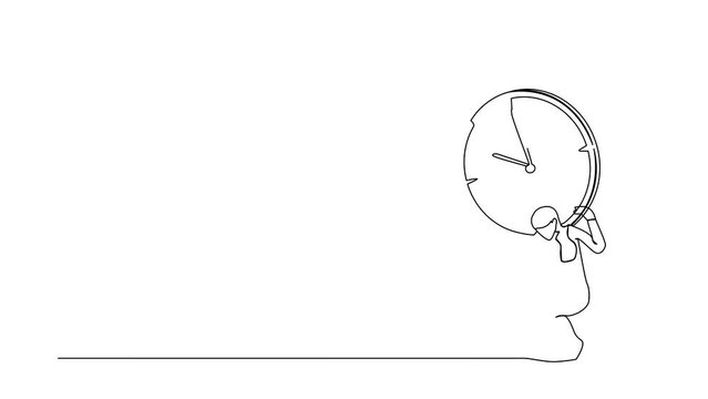 Self drawing animation of single line draw businesswoman carrying clock on back. Stressed complete work within deadline and timeline. Work under pressure. Continuous line draw. Full length animated