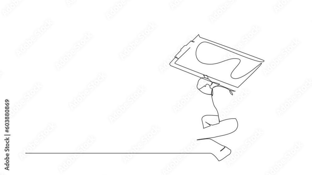 Poster self drawing animation of single line draw businessman carrying clipboard on his back. productivity 