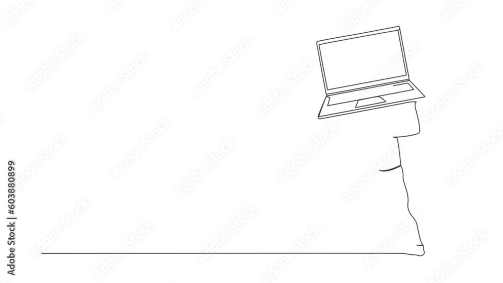 Poster self drawing animation of single line draw exhausted businessman carrying laptop computer on his bac