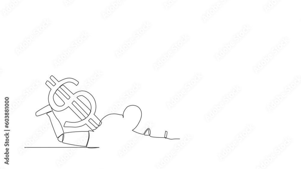 Poster self drawing animation of single line draw robot under dollar symbol burden. overworked robot in eco
