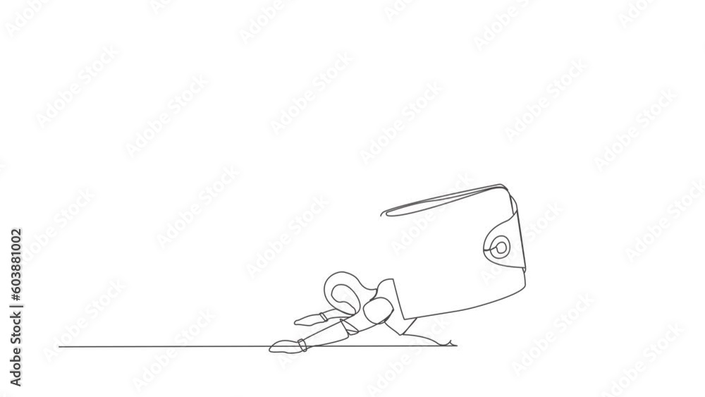 Poster animated self drawing of continuous line draw robot under heavy wallet burden. financial and economi