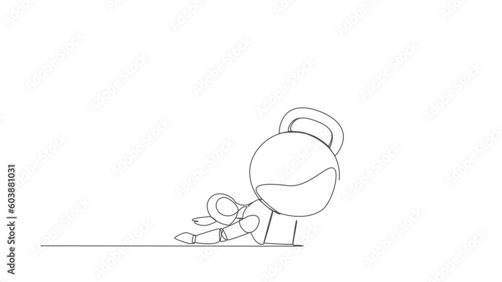 Poster animated self drawing of single continuous line draw robot under kettlebell burden. financial crisis