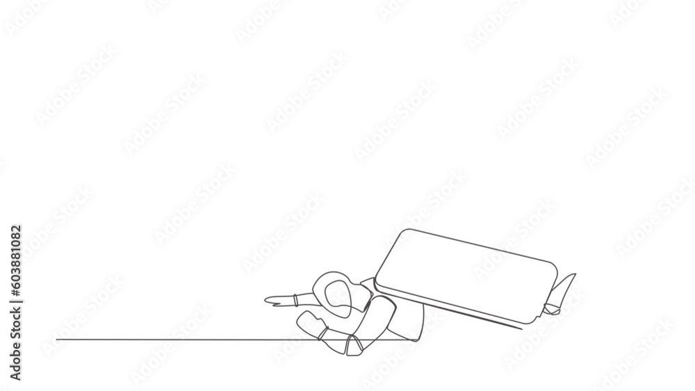 Poster self drawing animation of single line draw robot under smartphone burden. frustration due to overwor