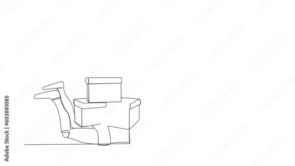 Poster animated self drawing of continuous line draw stressed robot under pile of box burden. overworked ro