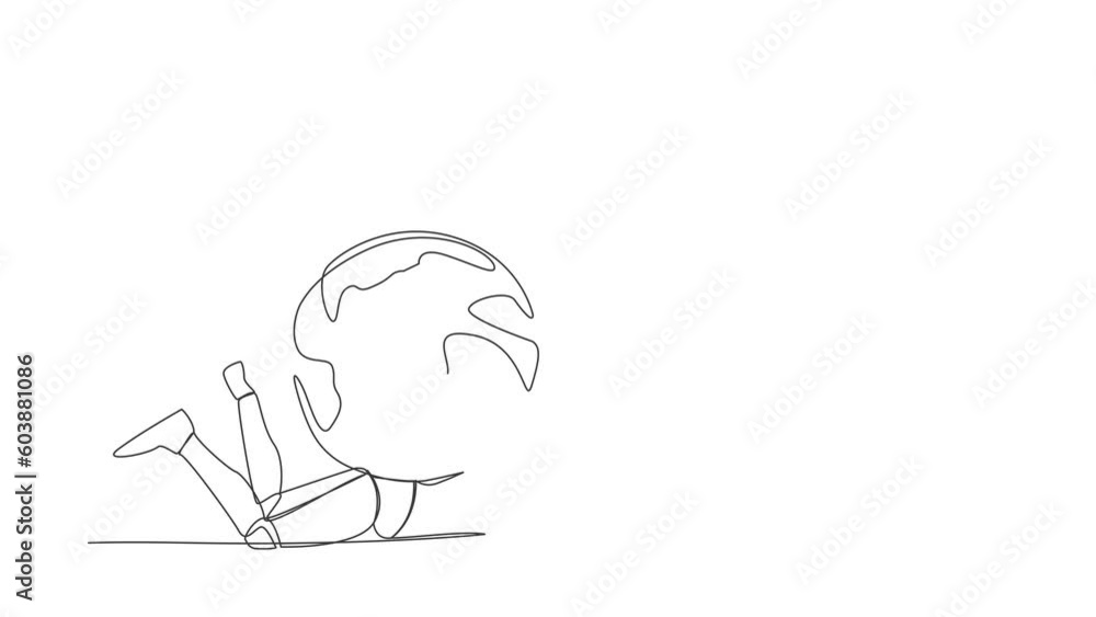 Poster animated self drawing of continuous line draw stress robot under globe burden. earth exploitation, i