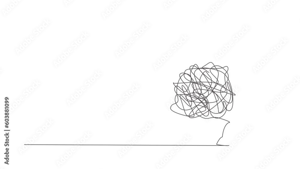 Poster animated self drawing of continuous line draw robot under heavy messy line burden. anxiety from work