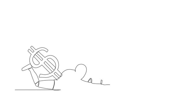 Self drawing animation of single line draw robot under dollar symbol burden. Overworked robot in economic crisis, debt pressure. Robotic artificial intelligence. Continuous line. Full length animated