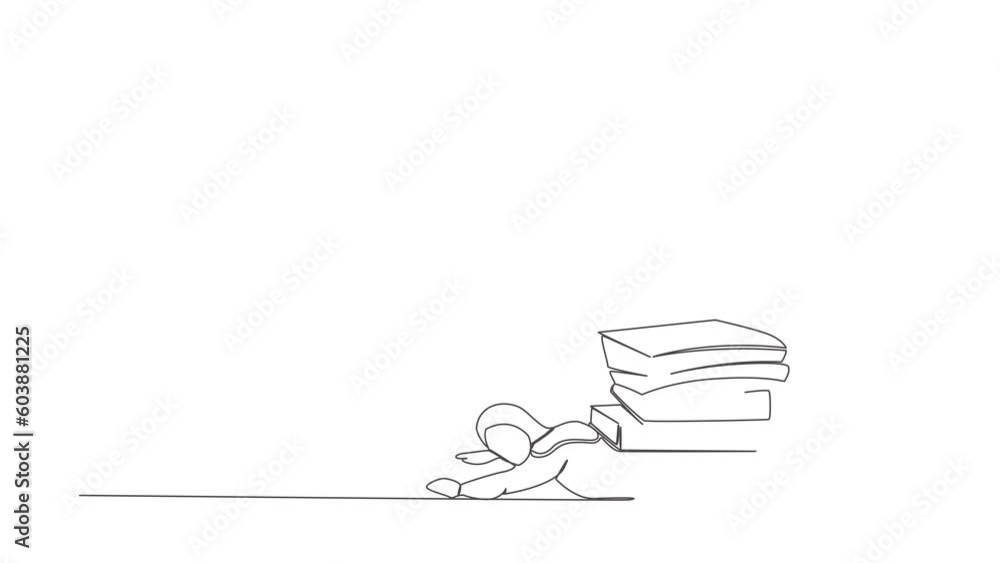 Poster animated self drawing of continuous one line draw arab businesswoman under pile of folder burden. ti
