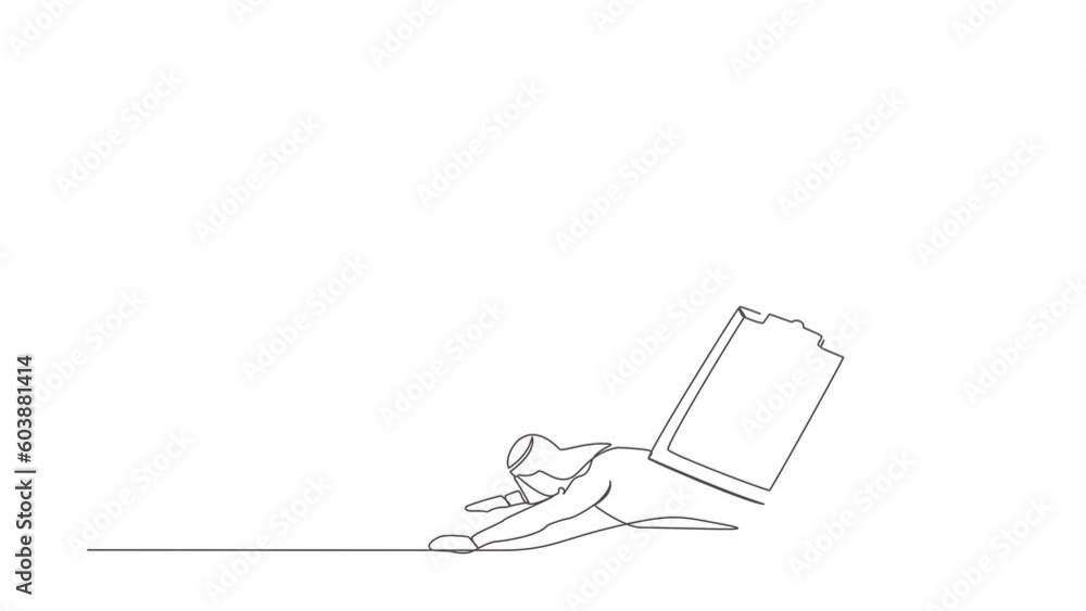 Poster self drawing animation of single line draw arab businessman under heavy clipboard burden. busy work 