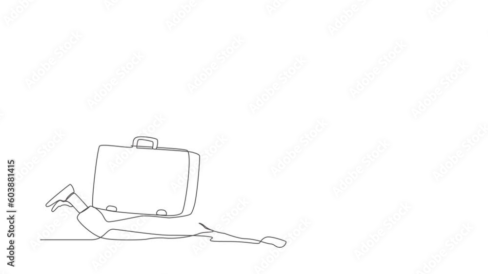 Poster animated self drawing of continuous line draw arabian businessman under heavy briefcase burden. anxi