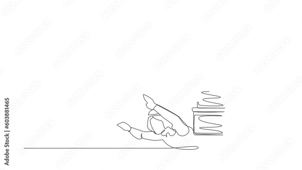 Aufkleber self drawing animation of single line draw arabian businessman under pile of box burden. overworked 