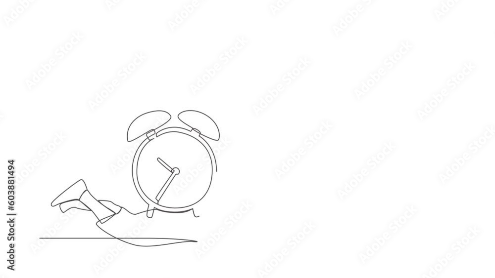Poster Animated self drawing of continuous line draw of Arabian businessman under heavy alarm clock burden. Stressed employee with work pressure or business project target. Full length single line animation