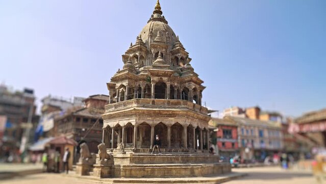 Tilt Shift of the Chyasi Deval or Krishna Mandir Temple in Patan Durbar Square, Lalitpur, Kathmandu Valley, Nepal