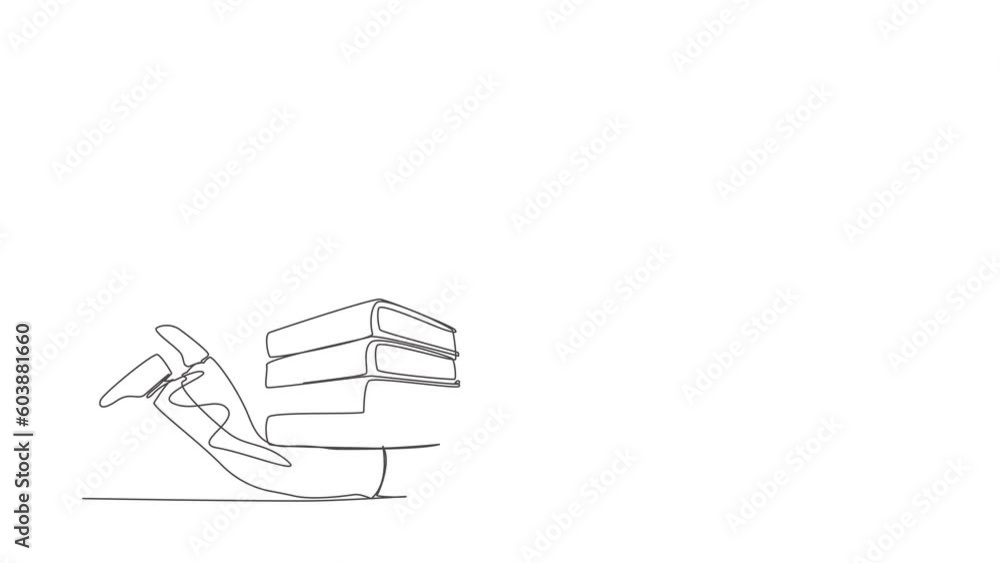 Poster animated self drawing of continuous line draw businesswoman under pile of folder burden. tired perso
