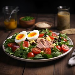 Salad with tuna, eggs, herbs and tomatoes served on a white plate. Dark wooden background. Side view. Generative ai.