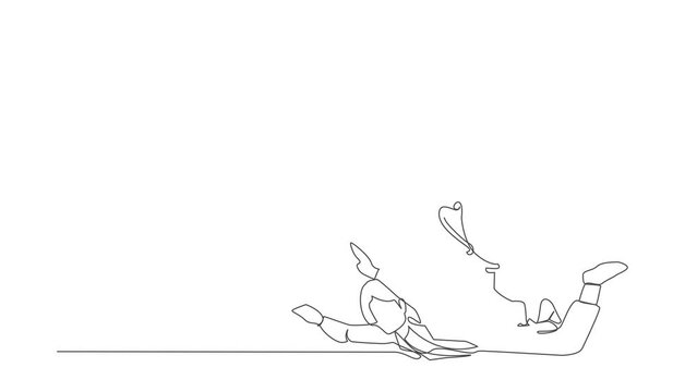 Animated self drawing of continuous line draw unhappy businesswoman under heavy trophy burden. Office worker failed to win competition or business goals achievement. Full length one line animation