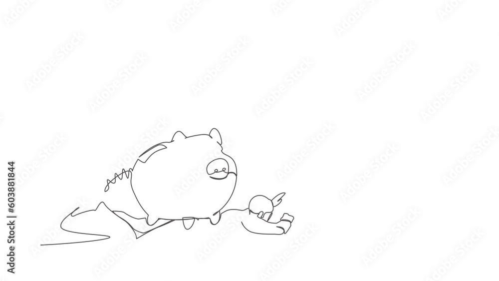 Poster animated self drawing of continuous line draw of depressed businessman under heavy piggy bank burden
