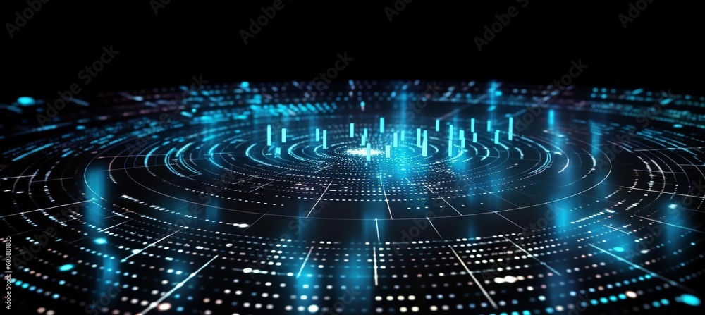 Poster Blue circular network system virtual space technology background. Generative AI technology.	