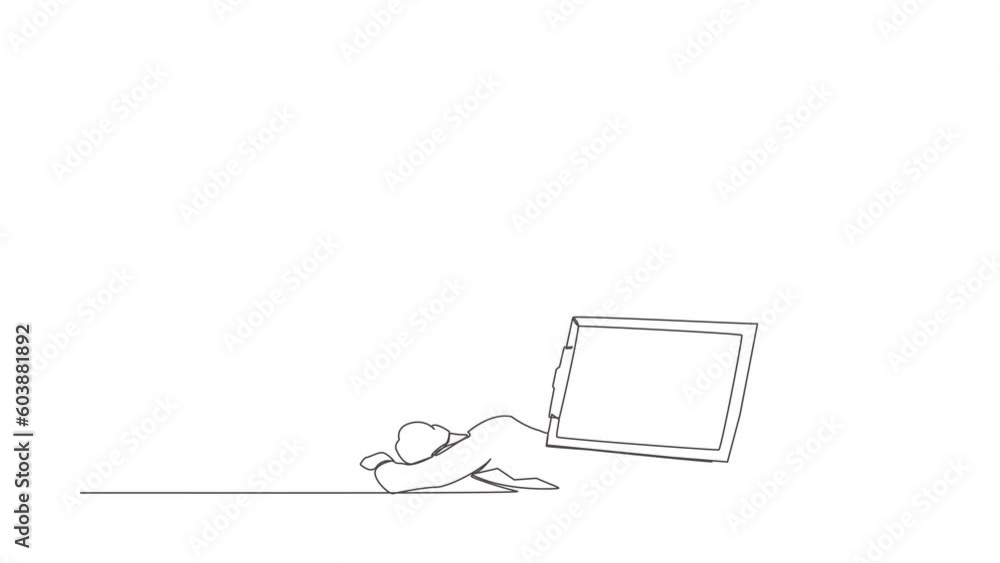 Poster animated self drawing of continuous line draw depressed businessman under heavy clipboard burden. bu