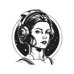 cyborg girl, vintage logo line art concept black and white color, hand drawn illustration