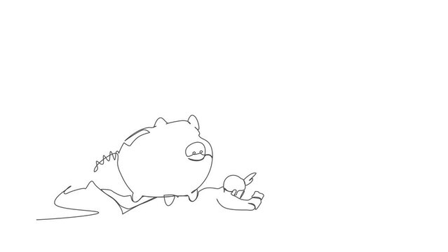 Animated self drawing of continuous line draw of depressed businessman under heavy piggy bank burden. Broke and financial problems concept. Searching money in crisis. Full length one line animation