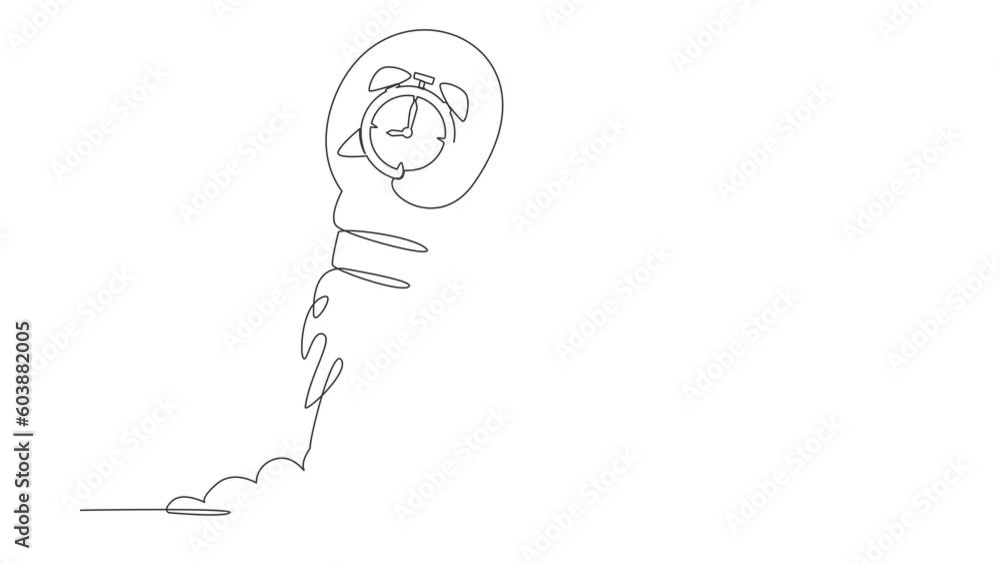 Poster self drawing animation of single line draw alarm clock launching with light bulb. time to start new 