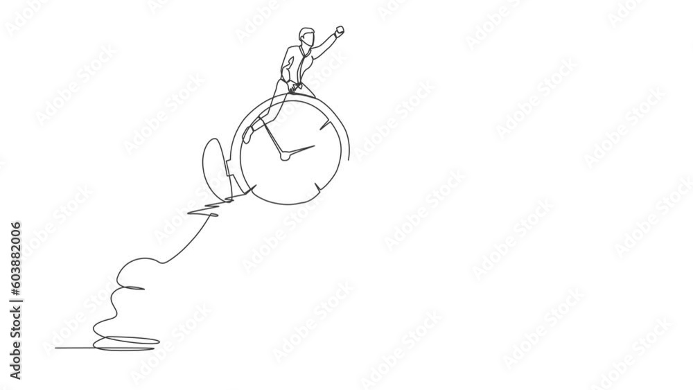Poster self drawing animation of single one line draw businessman riding alarm clock rocket flying in sky. 
