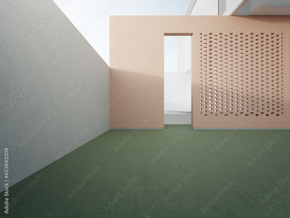 Poster empty artificial grass floor for car park. 3d rendering of big area in modern home.