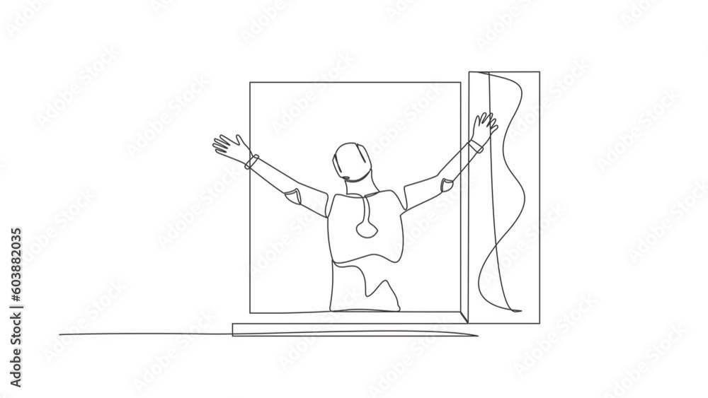 Poster self drawing animation of single line draw robot looking out of window meet new day breathe fresh ai
