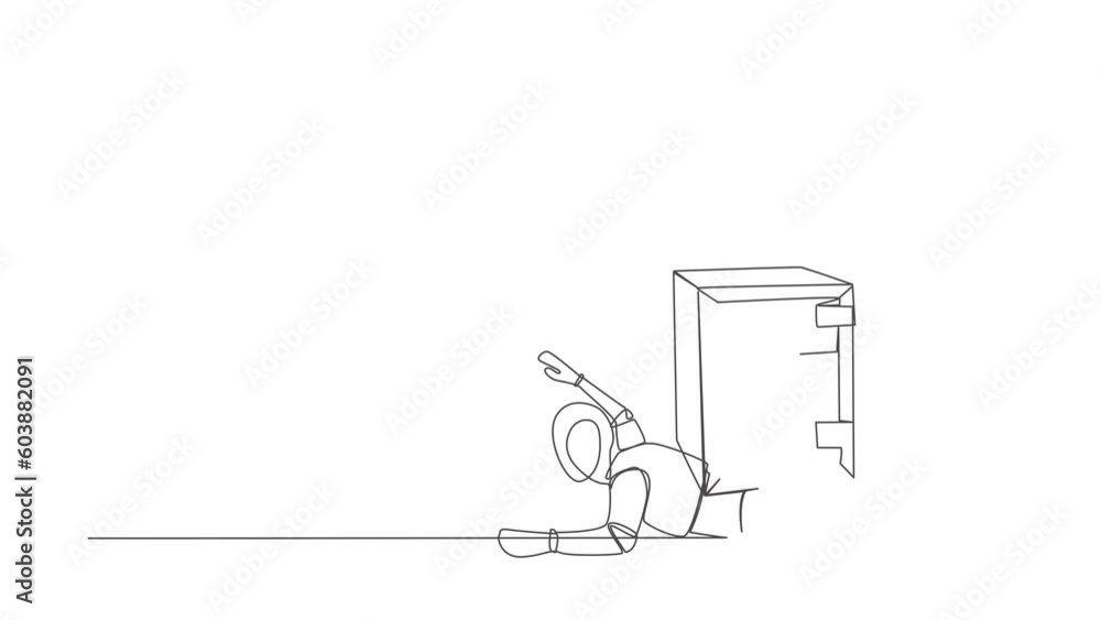 Aufkleber self drawing animation of single one line draw robot under safe deposit box burden. impact in pandem