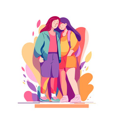 Hugging LGBT girls in rainbow background. Happy lesbian women together. Bisexual community design. Cartoon character flat vector