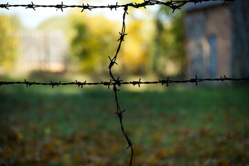 Silhouette of rusty barbed wire on blurred background