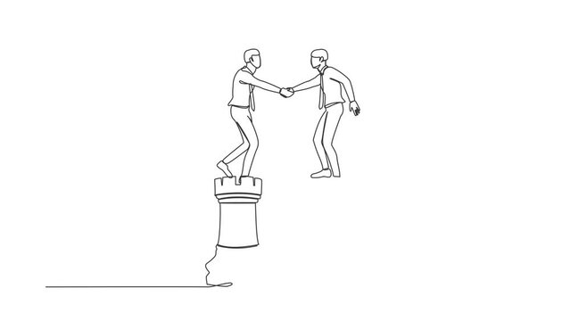 Self drawing animation of single one line draw businessman leader shaking hand on rook chess, agreement. Negotiation skill to deal with competitor, partnership. Continuous line. Full length animated