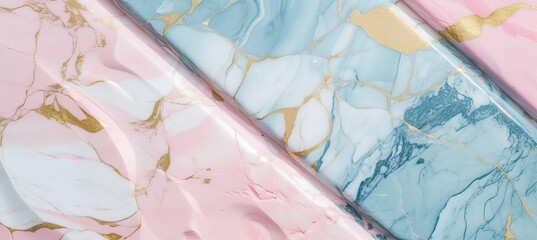 Marble stone ceramic background. Soft white pink blue gold colors. Generative AI technology.