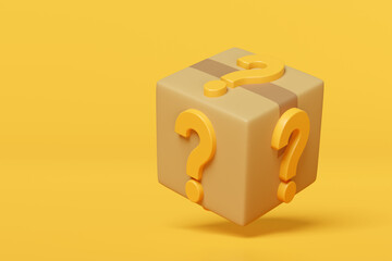 3d goods cardboard box with orange question mark symbol icon isolated on yellow background. FAQ or frequently asked questions, minimal concept, 3d render illustration, clipping path