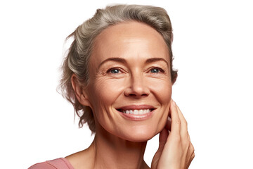 Beautiful smiling woman aged 50 model with natural makeup touching her  clean with hands face beige warm background, isolated, png, Generative AI