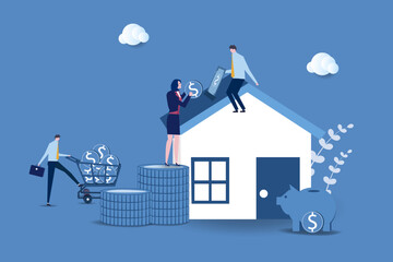 Saving to buy a house or home savings concept .Planning savings money to buy a home Real estate or property investment Mortgage concept.vector illustration - obrazy, fototapety, plakaty