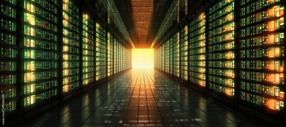 Poster Glow server racks virtual clouds computing technology at data center room. Generative AI technology.	
