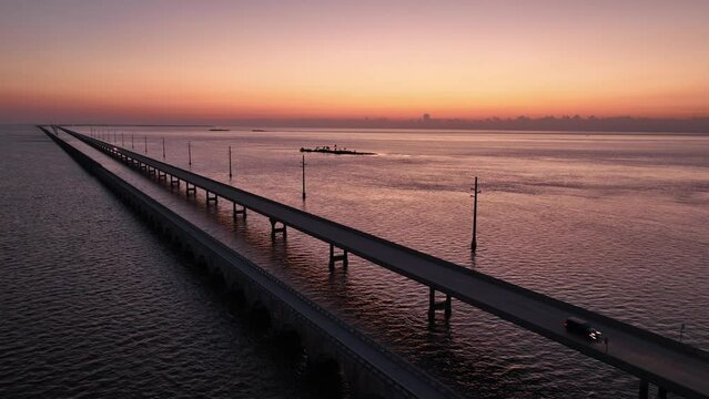 Aerial shot of the Seven Mile Bridge in Florida at Twilight. The bridge connects the Florida Keys on the way to Key West