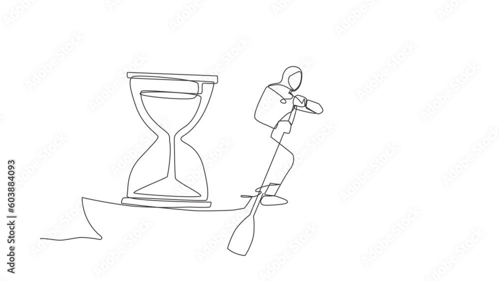 Poster animated self drawing of continuous line draw arab businesswoman standing in boat sailing with hourg