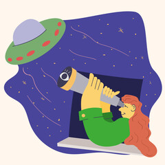 a Memphis style drawing of an abstract woman watching a UFO through a telescope from a window vector color flat illustration